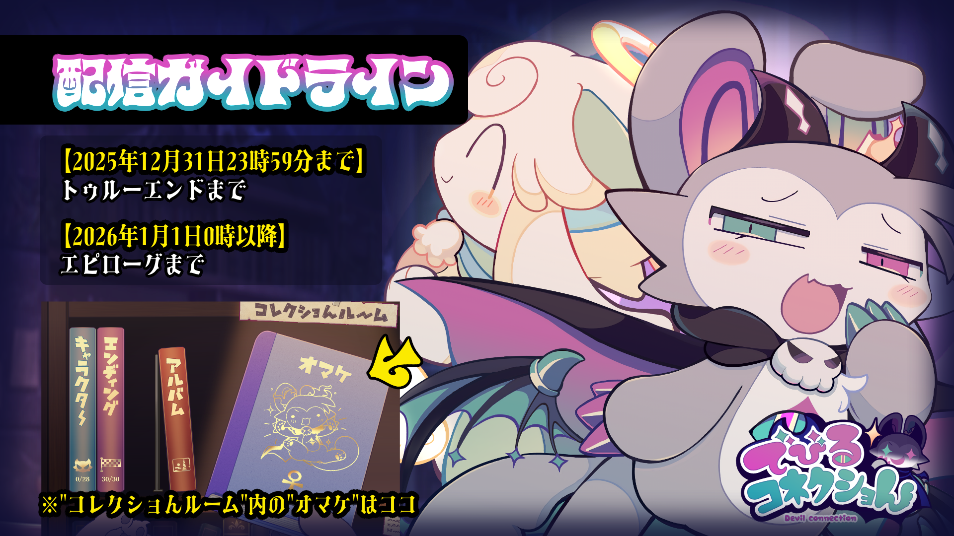 配信ガイドライン 日本時間で2025年12月31日23時59分まではトゥルーエンドまで、2026年1月1日0時以降はエピローグまで（コレクショんルームのオマケに含まれるギャラリー・シナリオの配信・投稿は全面禁止です）